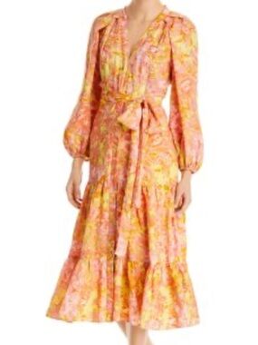 Kobi Halperin Pink and Yellow Floral Wrap Midi Dress